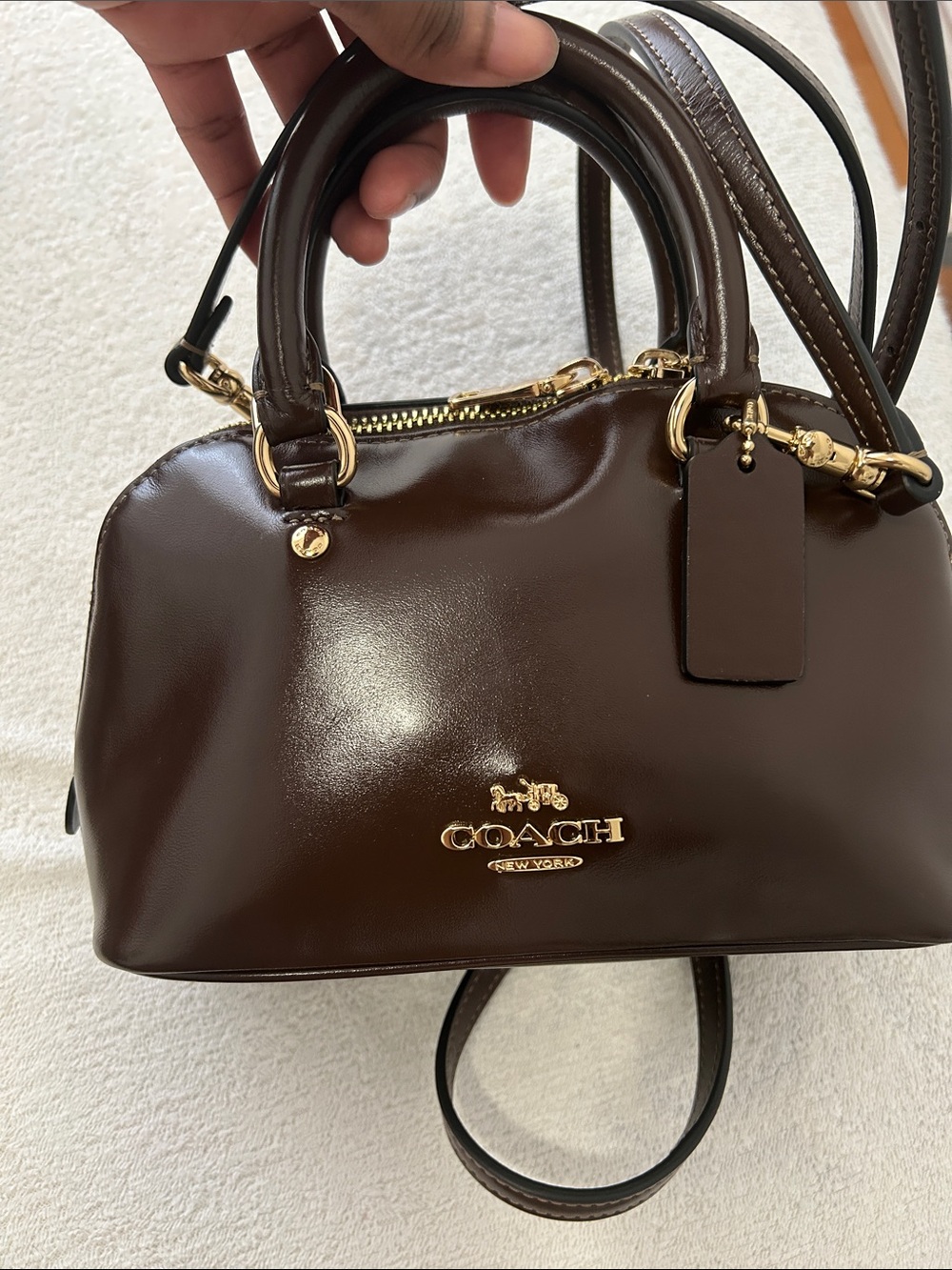 Coach Chocolate Brown Patent Leather Mini Satchel with Gold Hardware - Picture 3 of 3